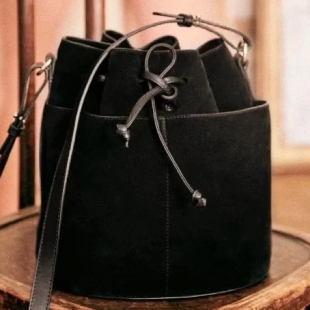 IN SEARCH OF—Sezane suede bucket bag purse Liberte in black/ Sézane Liberté